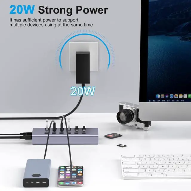 Alt view image 2 of 7 - Powered USB Hub with TF/SD Card Reader, 8-Port USB 3.0 Hub with 6 USB 3.0 Data Ports, USB Spilter with Individual On/Off SwitchesAluminum USB Hub with AC Adapter for PC, Desktop, MacBook