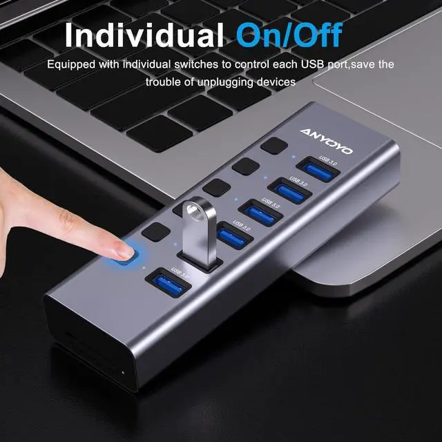 Alt view image 4 of 7 - Powered USB Hub with TF/SD Card Reader, 8-Port USB 3.0 Hub with 6 USB 3.0 Data Ports, USB Spilter with Individual On/Off SwitchesAluminum USB Hub with AC Adapter for PC, Desktop, MacBook