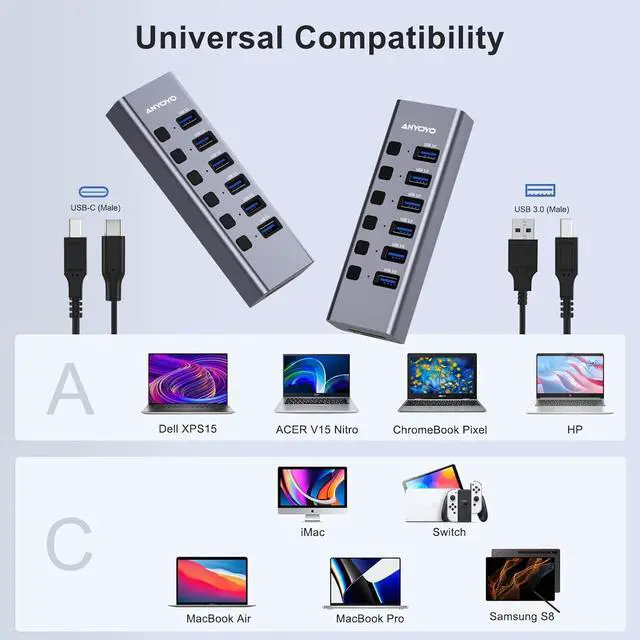 Alt view image 7 of 7 - Powered USB Hub with TF/SD Card Reader, 8-Port USB 3.0 Hub with 6 USB 3.0 Data Ports, USB Spilter with Individual On/Off SwitchesAluminum USB Hub with AC Adapter for PC, Desktop, MacBook