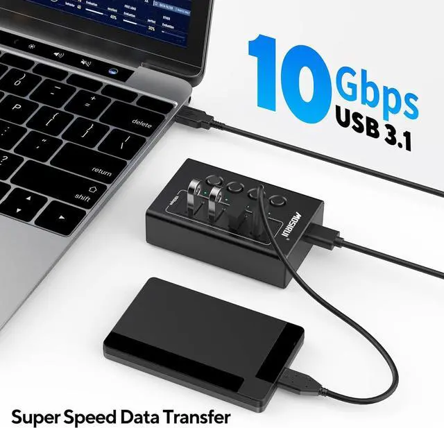 Alt view image 2 of 7 - USB 3.2 Hub, 4 Ports USB Hub Multiport Adapter with 4×10Gbps Data Ports, Independent Switch, Aluminum Multi USB Port Extender Hub for Laptop,PC,Desktop,Printer,Camera,Keyboard and More