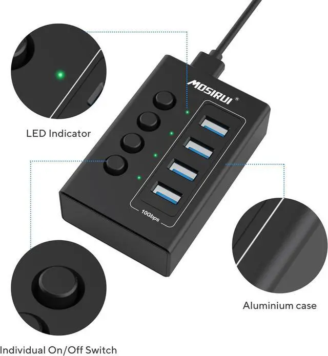 Alt view image 4 of 7 - USB 3.2 Hub, 4 Ports USB Hub Multiport Adapter with 4×10Gbps Data Ports, Independent Switch, Aluminum Multi USB Port Extender Hub for Laptop,PC,Desktop,Printer,Camera,Keyboard and More