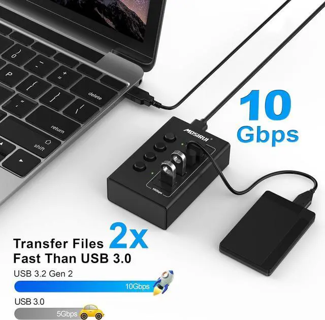 Alt view image 3 of 7 - USB 3.2 Hub, 4 Ports USB Hub Multiport Adapter with 4×10Gbps Data Ports, Independent Switch, Aluminum Multi USB Port Extender Hub for Laptop,PC,Desktop,Printer,Camera,Keyboard and More