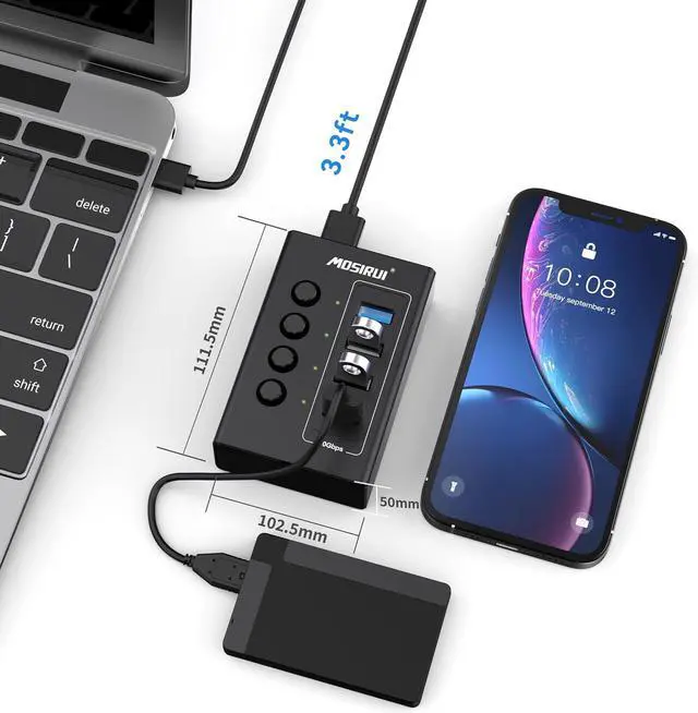 Alt view image 5 of 7 - USB 3.2 Hub, 4 Ports USB Hub Multiport Adapter with 4×10Gbps Data Ports, Independent Switch, Aluminum Multi USB Port Extender Hub for Laptop,PC,Desktop,Printer,Camera,Keyboard and More