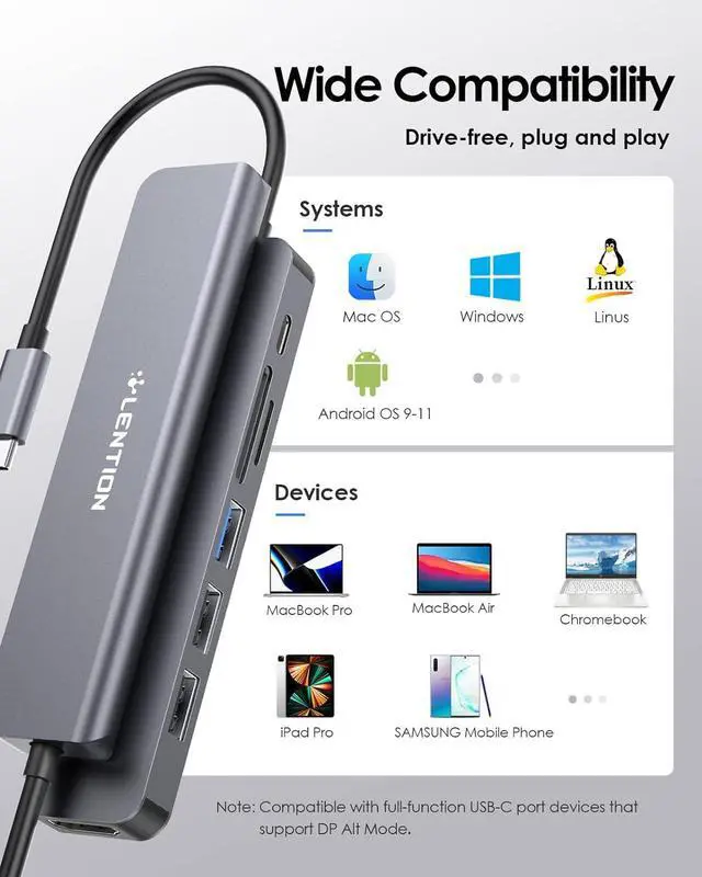 Alt view image 7 of 7 - LENTION USB C Hub with 100W Charging, 4K HDMI, Dual Card Reader, USB 3.0 & 2.0 Compatible MacBook Pro, New Mac Air/Surface, Chromebook, More, Stable Driver Adapter (CB-CE18, Space Gray)