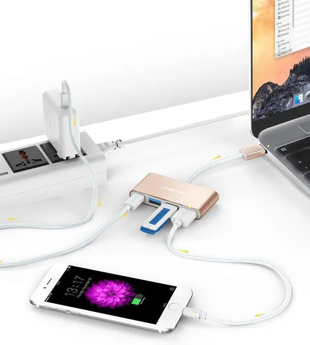 Alt view image 3 of 6 - LENTION 4-in-1 USB-C Hub with Type C, USB 3.0, USB 2.0 for 2024-2016 MacBook Pro (M1-M4), iPhone 16-15 New Mac Air/Surface, ChromeBook, More, Multiport Charging & Connecting Adapter (C13, Gold)