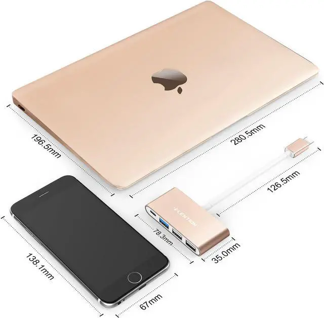 Alt view image 5 of 6 - LENTION 4-in-1 USB-C Hub with Type C, USB 3.0, USB 2.0 for 2024-2016 MacBook Pro (M1-M4), iPhone 16-15 New Mac Air/Surface, ChromeBook, More, Multiport Charging & Connecting Adapter (C13, Gold)