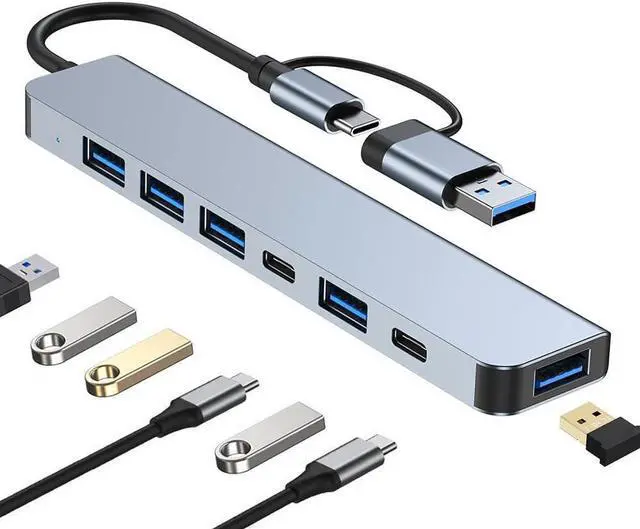 Main image of Aluminum 7 in 1 USB Hub USB C Hub with USB 3.0, Multiport USB Splitter Adapter with 5 USB & 2 USBC Ports for MacBook, ipad, Laptop, PS4, Flash Drive, HDD, Xbox, Printer, Mouse, Keyboard, HP