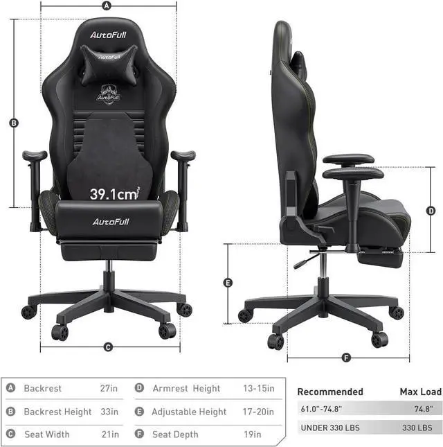 Alt view image 2 of 7 - AutoFull C3 Gaming Chair, Racing Style Gaming Chair with Ergonomic Lumbar Support,Adjustable High Back PU Leather PC Chair with Footrest,Black
