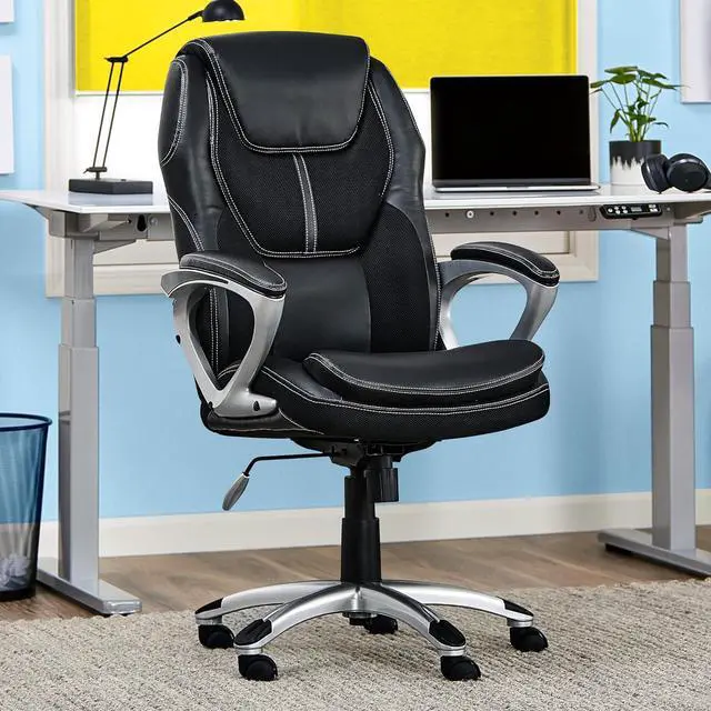 Alt view image 2 of 7 - Serta Amplify Executive Office Padded Arms, Adjustable Ergonomic Gaming Desk Chair with Lumbar Support, Faux Leather and Mesh, Black