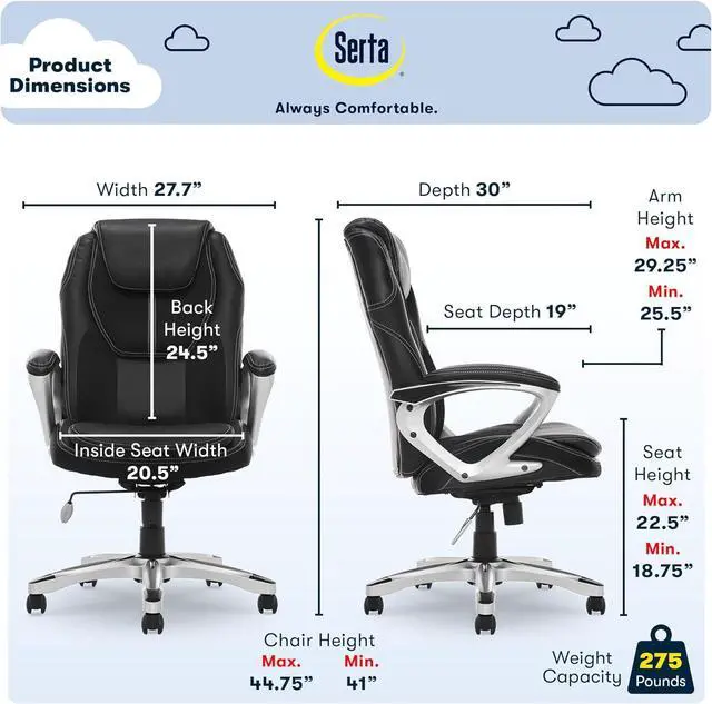 Alt view image 3 of 7 - Serta Amplify Executive Office Padded Arms, Adjustable Ergonomic Gaming Desk Chair with Lumbar Support, Faux Leather and Mesh, Black