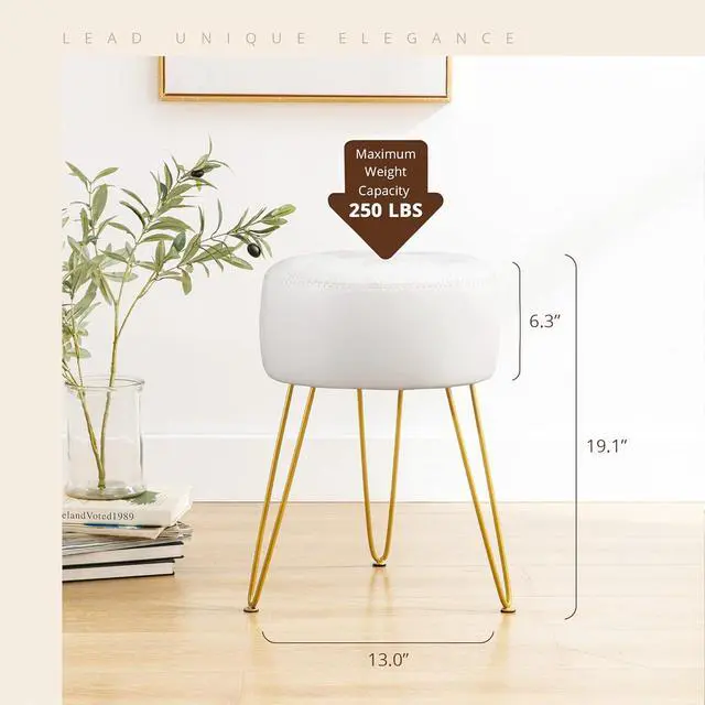 Alt view image 2 of 7 - LUE BONA Faux Leather Vanity Stool Chair for Makeup Room, White Stool for Vanity, 19 Height, Tufted Vanity Chair Stool with Metal Legs, Modern Foot Stool Ottoman for Bedroom, Living Room