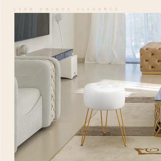 Alt view image 4 of 7 - LUE BONA Faux Leather Vanity Stool Chair for Makeup Room, White Stool for Vanity, 19 Height, Tufted Vanity Chair Stool with Metal Legs, Modern Foot Stool Ottoman for Bedroom, Living Room