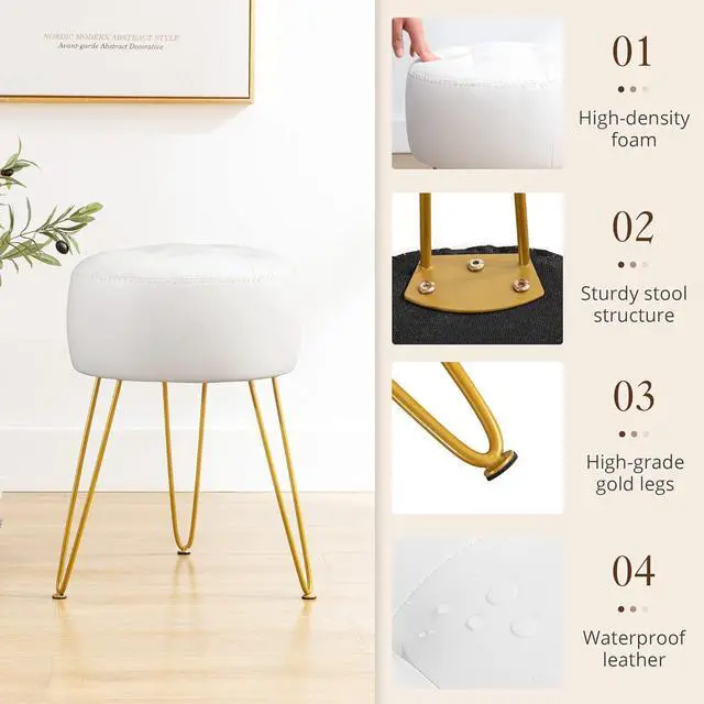 Alt view image 6 of 7 - LUE BONA Faux Leather Vanity Stool Chair for Makeup Room, White Stool for Vanity, 19 Height, Tufted Vanity Chair Stool with Metal Legs, Modern Foot Stool Ottoman for Bedroom, Living Room