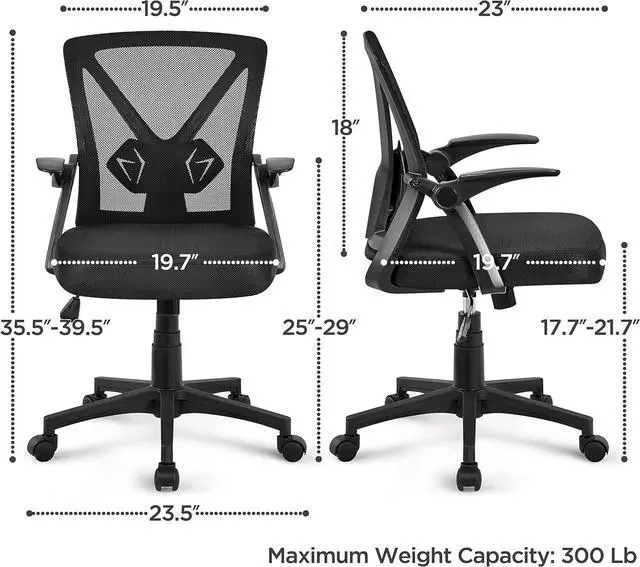 Alt view image 3 of 7 - Yaheetech Home Office Chair Work Desk Chair Swivel Computer Mesh Chair with Flip-up Arms Adjustable Height Lumbar Support Executive Office Task Chair for Home Office Students Study, Black