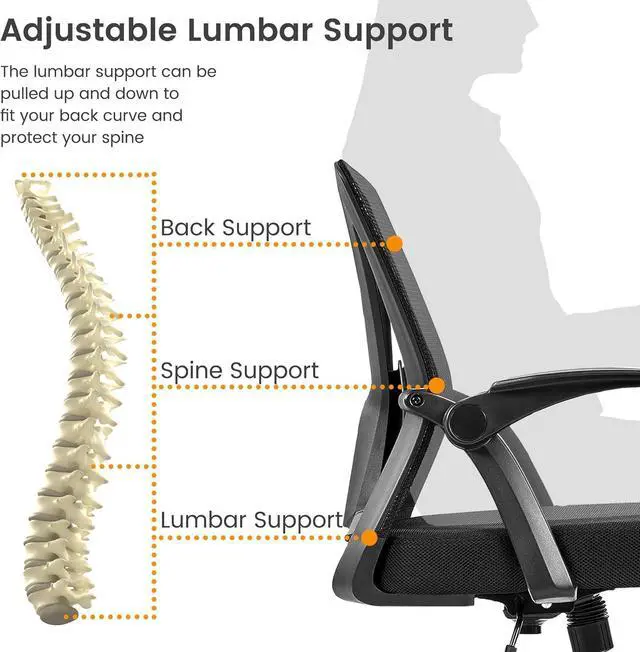 Alt view image 5 of 7 - Yaheetech Home Office Chair Work Desk Chair Swivel Computer Mesh Chair with Flip-up Arms Adjustable Height Lumbar Support Executive Office Task Chair for Home Office Students Study, Black