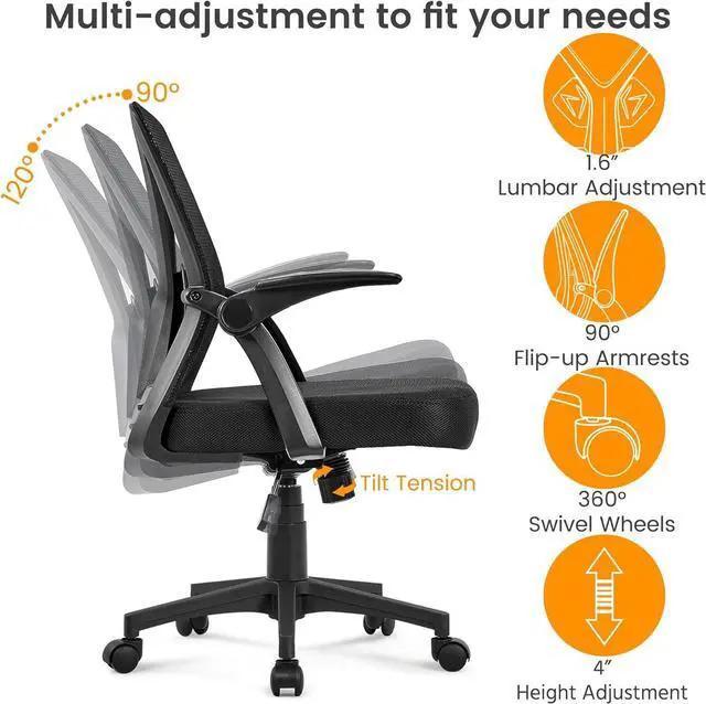 Alt view image 7 of 7 - Yaheetech Home Office Chair Work Desk Chair Swivel Computer Mesh Chair with Flip-up Arms Adjustable Height Lumbar Support Executive Office Task Chair for Home Office Students Study, Black