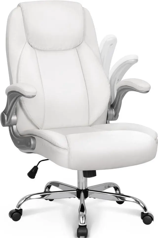 Main image of NEO CHAIR Ergonomic Office Chair PU Leather Executive High Back Computer Desk Chair Adjustable Height Flip-up Armrests Lumbar Support Swivel Rolling Wheels Comfy for Home Gaming (White)