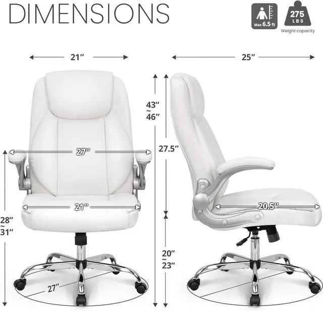 Alt view image 3 of 7 - NEO CHAIR Ergonomic Office Chair PU Leather Executive High Back Computer Desk Chair Adjustable Height Flip-up Armrests Lumbar Support Swivel Rolling Wheels Comfy for Home Gaming (White)