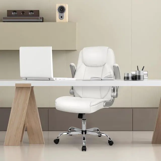 Alt view image 2 of 7 - NEO CHAIR Ergonomic Office Chair PU Leather Executive High Back Computer Desk Chair Adjustable Height Flip-up Armrests Lumbar Support Swivel Rolling Wheels Comfy for Home Gaming (White)