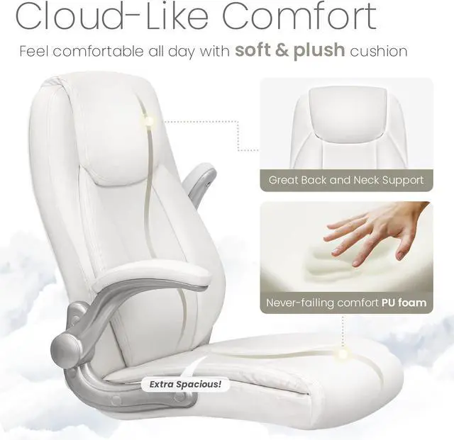 Alt view image 4 of 7 - NEO CHAIR Ergonomic Office Chair PU Leather Executive High Back Computer Desk Chair Adjustable Height Flip-up Armrests Lumbar Support Swivel Rolling Wheels Comfy for Home Gaming (White)