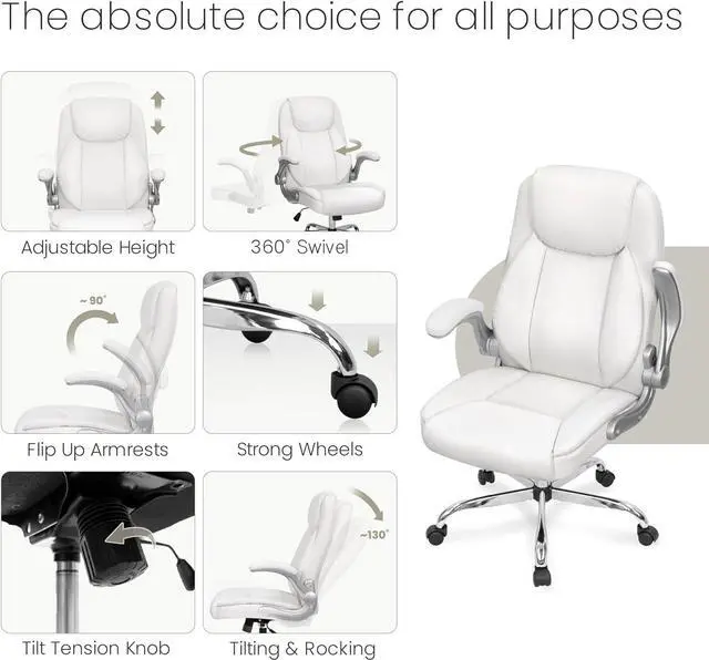 Alt view image 7 of 7 - NEO CHAIR Ergonomic Office Chair PU Leather Executive High Back Computer Desk Chair Adjustable Height Flip-up Armrests Lumbar Support Swivel Rolling Wheels Comfy for Home Gaming (White)