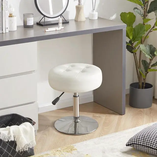 Alt view image 2 of 4 - White Vanity Chair for Makeup Room Round Ottoman Tufted PU Leather Makeup Chair Vanity Stools for Bathroom Height Adjustable 360 Swivel