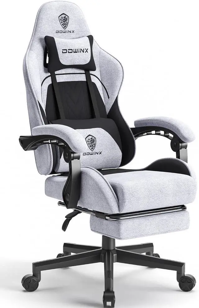 Main image of Dowinx Gaming Chair Fabric with Pocket Spring Cushion, Massage Game Chair Cloth with Headrest, Ergonomic Computer Chair with Footrest 290LBS, Black and Grey