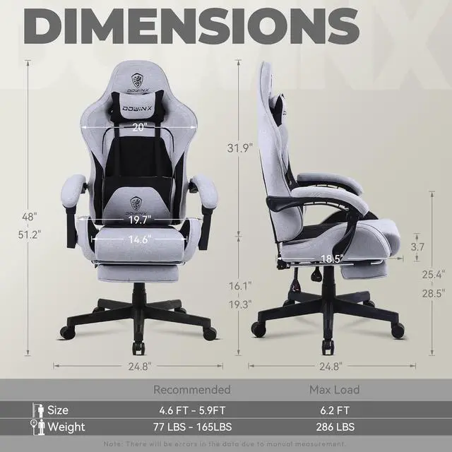 Alt view image 3 of 7 - Dowinx Gaming Chair Fabric with Pocket Spring Cushion, Massage Game Chair Cloth with Headrest, Ergonomic Computer Chair with Footrest 290LBS, Black and Grey