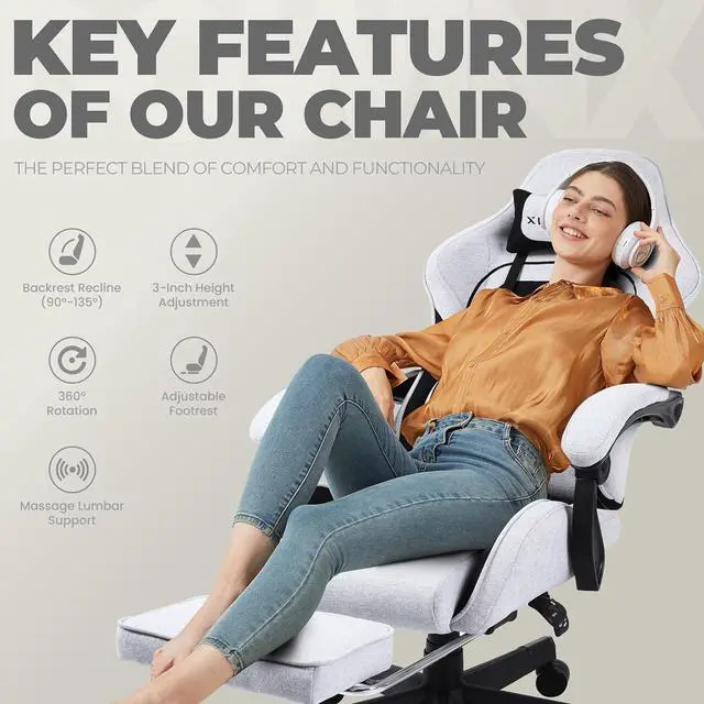 Alt view image 7 of 7 - Dowinx Gaming Chair Fabric with Pocket Spring Cushion, Massage Game Chair Cloth with Headrest, Ergonomic Computer Chair with Footrest 290LBS, Black and Grey
