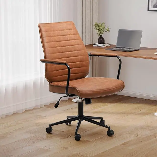 Alt view image 2 of 7 - DICTAC Brown Executive Office Chair Adjustable Leather Mid Back Swivel Office Desk Chair with Padded Armrest 400lbs Load-Bearing Computer Desk Chair for Home Office