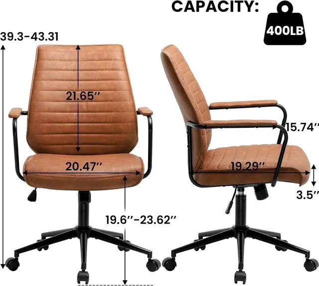 Alt view image 4 of 7 - DICTAC Brown Executive Office Chair Adjustable Leather Mid Back Swivel Office Desk Chair with Padded Armrest 400lbs Load-Bearing Computer Desk Chair for Home Office