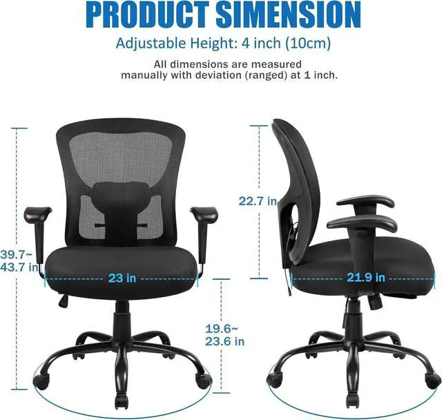 Alt view image 3 of 7 - Bigroof Home Office Chair Ergonomic Mesh Desk Chair 400lbs with Adjustable Lumbar Support Arms High Back Wide Seat Task Executive Rolling Swivel Chair for Women Men, Heavy People