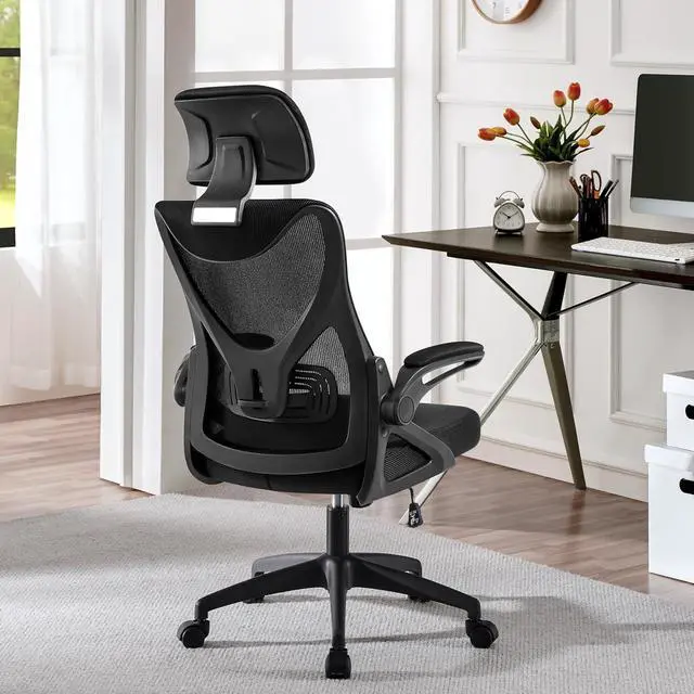 Alt view image 2 of 7 - Yaheetech Ergonomic Office Chair, High Back Desk Chair with Headrest and Flip-up Armrest Lumbar Support for Home Office Meeting Room Study, Black