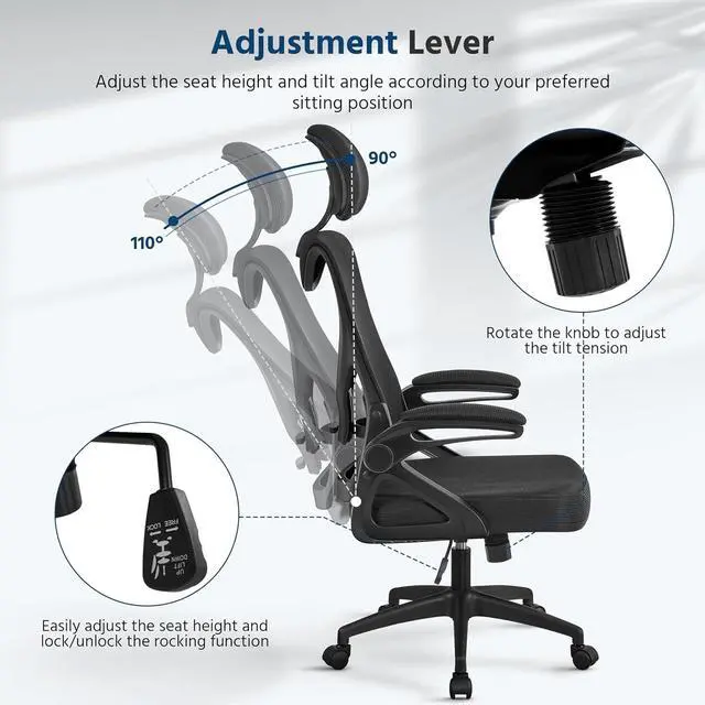 Alt view image 7 of 7 - Yaheetech Ergonomic Office Chair, High Back Desk Chair with Headrest and Flip-up Armrest Lumbar Support for Home Office Meeting Room Study, Black