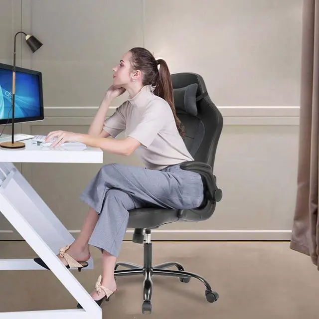 Alt view image 2 of 7 - BestOffice PC Gaming Chair Ergonomic Office Chair Desk Chair with Lumbar Support Flip Up Arms Headrest PU Leather Executive High Back Computer Chair for Adults Women Men (Grey)