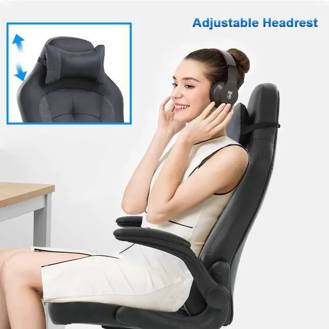 Alt view image 5 of 7 - BestOffice PC Gaming Chair Ergonomic Office Chair Desk Chair with Lumbar Support Flip Up Arms Headrest PU Leather Executive High Back Computer Chair for Adults Women Men (Grey)