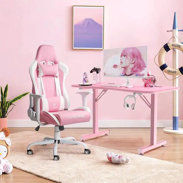 Alt view image 2 of 7 - PUKAMI Pink Cute Kawaii Gaming Chair for Girl Ergonomic Desk Racing Office Adjustable High Back Game Swivel Leather Chair with Lumbar Support and Headrest