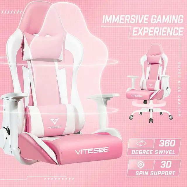 Alt view image 3 of 7 - PUKAMI Pink Cute Kawaii Gaming Chair for Girl Ergonomic Desk Racing Office Adjustable High Back Game Swivel Leather Chair with Lumbar Support and Headrest