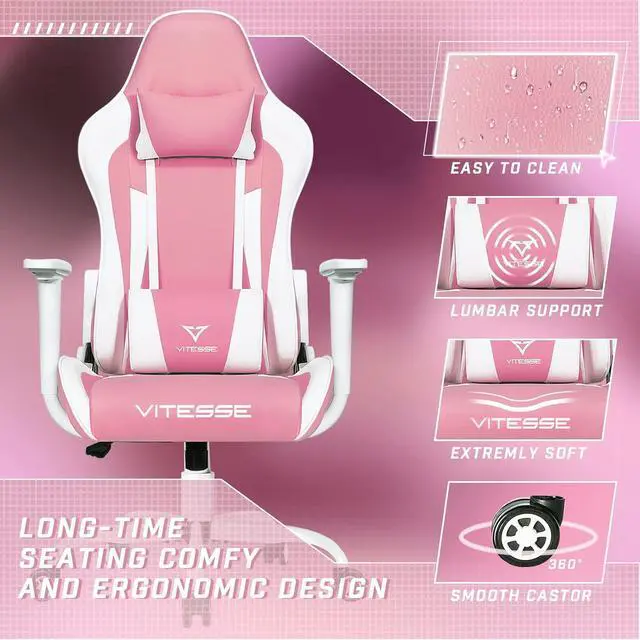 Alt view image 6 of 7 - PUKAMI Pink Cute Kawaii Gaming Chair for Girl Ergonomic Desk Racing Office Adjustable High Back Game Swivel Leather Chair with Lumbar Support and Headrest