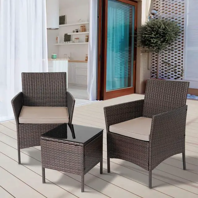 Alt view image 2 of 7 - 3-Piece Outdoor Wicker Conversation Bistro Set Outdoor Patio Porch Furniture Sets for Yard, Garden with 2 PE Rattan Wicker Chairs, 2 Cushions,1 Coffee Table
