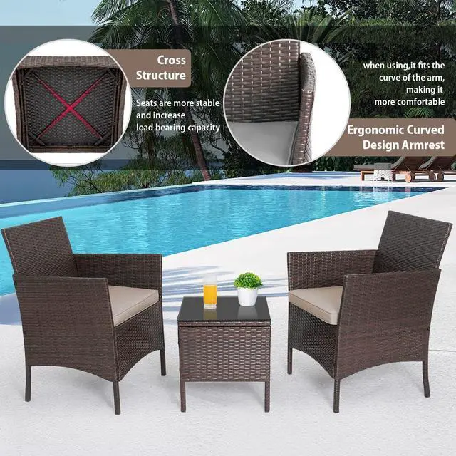 Alt view image 4 of 7 - 3-Piece Outdoor Wicker Conversation Bistro Set Outdoor Patio Porch Furniture Sets for Yard, Garden with 2 PE Rattan Wicker Chairs, 2 Cushions,1 Coffee Table