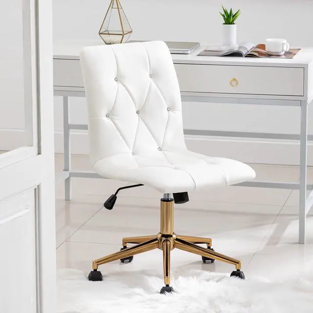 Alt view image 2 of 7 - DUHOME Modern Home Office Chair,PU Leather Task Cute White Desk Chair with Gold Base, Armless Rolling Vanity Chair with Wheels for Teens