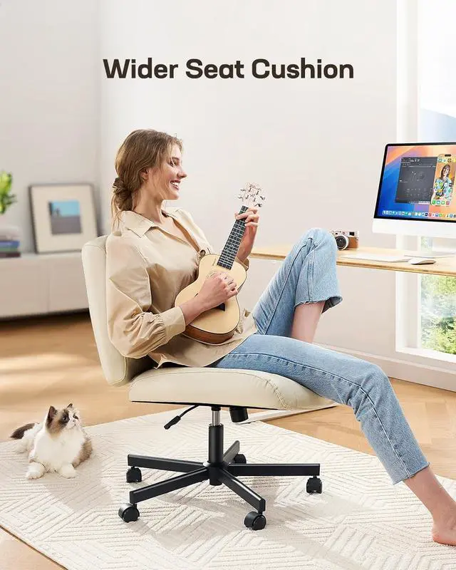 Alt view image 6 of 7 - Marsail Criss Cross Chair with Wheels, Scratch-Resistant PVC Leather Cross Legged Office Chair, Wide Mid-Back Comfy Armless Desk Chair, Height Adjustable