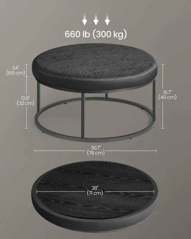 Alt view image 3 of 7 - SONGMICS HOME LUIZ Collection - Ottoman, Round Coffee Table, Footstool, Reversible Top, Padded Seat, Side Table, Minimalist, Steel Frame, Max. Load 660 lb, for Living Room, Ink Black ULOM078B01