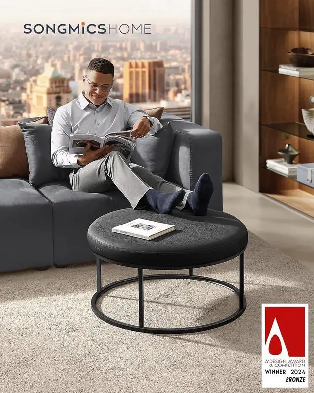 Alt view image 4 of 7 - SONGMICS HOME LUIZ Collection - Ottoman, Round Coffee Table, Footstool, Reversible Top, Padded Seat, Side Table, Minimalist, Steel Frame, Max. Load 660 lb, for Living Room, Ink Black ULOM078B01