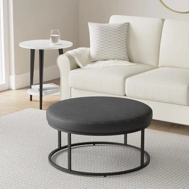 Alt view image 2 of 7 - SONGMICS HOME LUIZ Collection - Ottoman, Round Coffee Table, Footstool, Reversible Top, Padded Seat, Side Table, Minimalist, Steel Frame, Max. Load 660 lb, for Living Room, Ink Black ULOM078B01