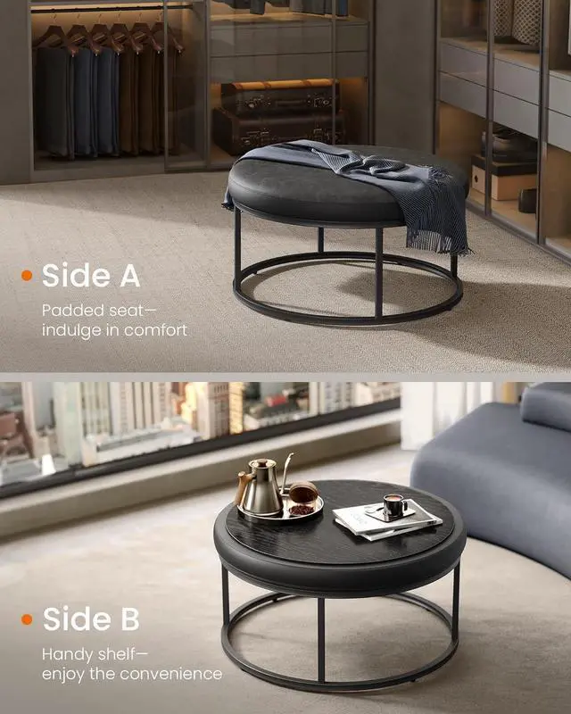 Alt view image 5 of 7 - SONGMICS HOME LUIZ Collection - Ottoman, Round Coffee Table, Footstool, Reversible Top, Padded Seat, Side Table, Minimalist, Steel Frame, Max. Load 660 lb, for Living Room, Ink Black ULOM078B01