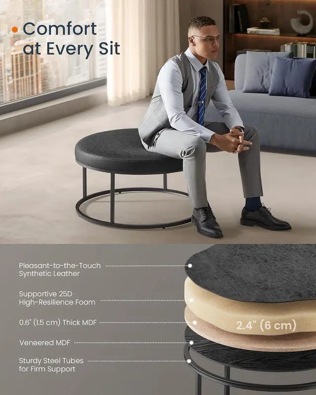 Alt view image 6 of 7 - SONGMICS HOME LUIZ Collection - Ottoman, Round Coffee Table, Footstool, Reversible Top, Padded Seat, Side Table, Minimalist, Steel Frame, Max. Load 660 lb, for Living Room, Ink Black ULOM078B01