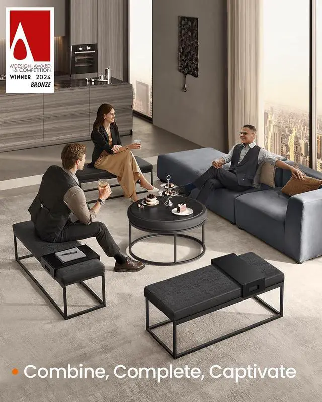 Alt view image 7 of 7 - SONGMICS HOME LUIZ Collection - Ottoman, Round Coffee Table, Footstool, Reversible Top, Padded Seat, Side Table, Minimalist, Steel Frame, Max. Load 660 lb, for Living Room, Ink Black ULOM078B01