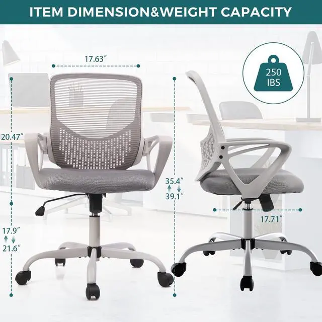 Alt view image 3 of 6 - SMUG Home Office Chair Ergonomic Computer Desk Chair Mesh Mid-Back Height Adjustable Swivel Chair with Armrest, Grey